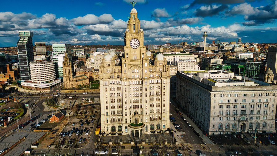 Birds eye view of offices around historic clock in Liverpool, England